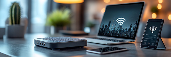 Router, Laptop und Smartphone auf einem Tisch